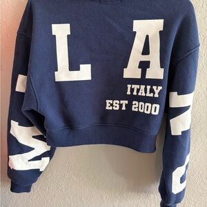 Navy Blue Cropped Sweatshirt with White Sleeve Details